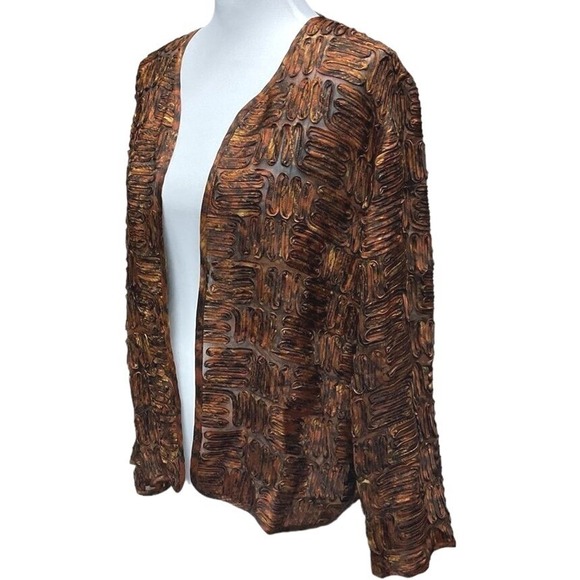 Chicos Silk Textured Bronze Open Front Jacket Size 10 Boho Luxe Artisan u Blazer - Picture 3 of 10